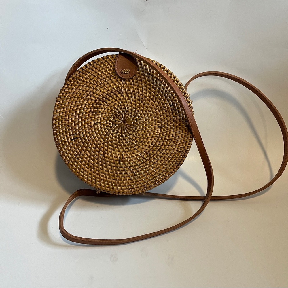 Round Woven Crossbody Bag with Tan Strap